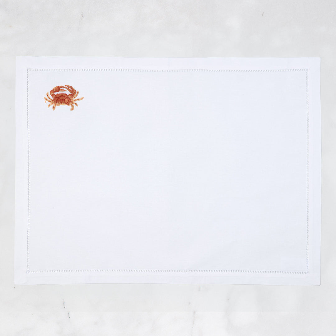 Crab Embroidered Placemat - Coral/White